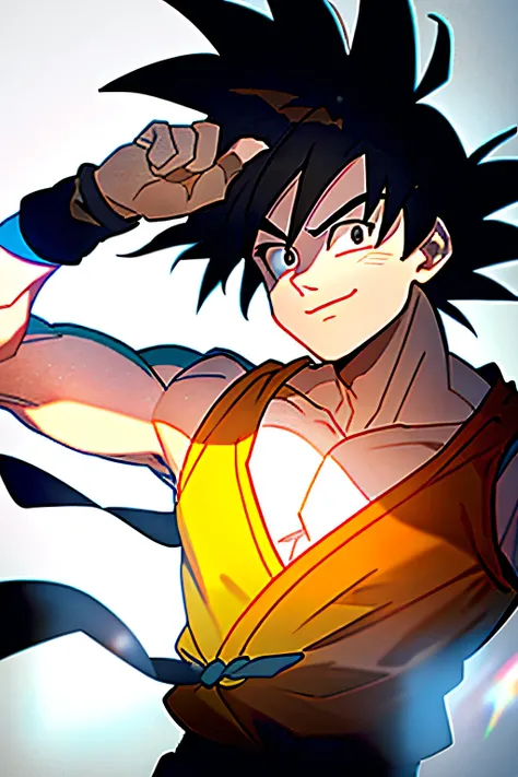 son goku, 1boy, backlighting, black eyes, black hair, blue wristband, closed mouth, dougi, hair strand, hands up, light particles, looking at viewer, male focus, muscular, muscular male, pectorals, smile, solo, spiked hair, upper body, wristband, Excited, ...