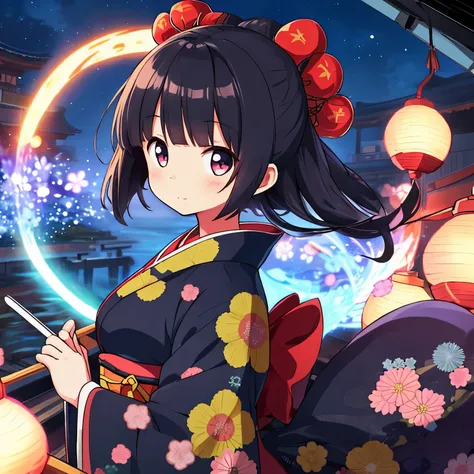 girl with big eyes, kimono, anime, night