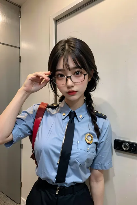 Top quality, one beautiful woman, 20 years old, 35mm lens, f/1, dark brown eyes, glasses, black hair, pale skin, medium chest, slendar body, japanese police officer, unzipped,open the zipper to see chest