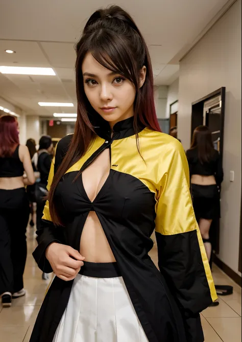 a vibrant young woman passionate about everything related to otaku culture,  tem longos cabelos negros sedosos, muito bonita, cara muito bonita,  roupas coloridas e ousadas, trajes de cosplay