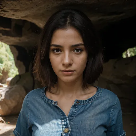 fotografia de uma mulher, (disturbed facial expression), Pele texturizada, arrepio, cabelo afro loiro, camisa xadrez de flanela com jeans boyfriend desgastado, tiro de vaqueiro, dark and mysterious cave with unique rock formations and hidden wonders, olhos...