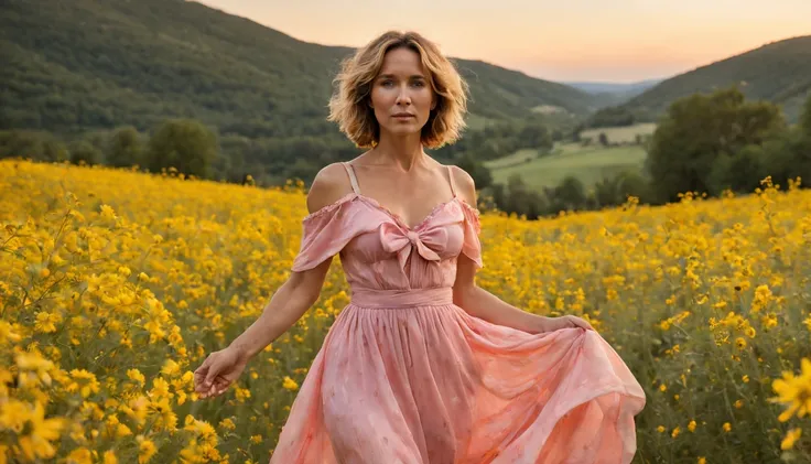 ****a beautiful blonde young woman "Jennifer Grey com vestido amarelo longo", is standing with flower explosion in the background, in the style of midsommar, fanciful, natural landscape , dreamlike imagery, captivating documentary photos, flowing fabrics, ...