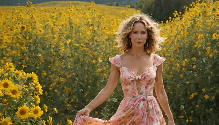 ****a beautiful blonde young woman "Jennifer Grey com vestido amarelo longo", is standing with flower explosion in the background, in the style of midsommar, fanciful, natural landscape , dreamlike imagery, captivating documentary photos, flowing fabrics, ...