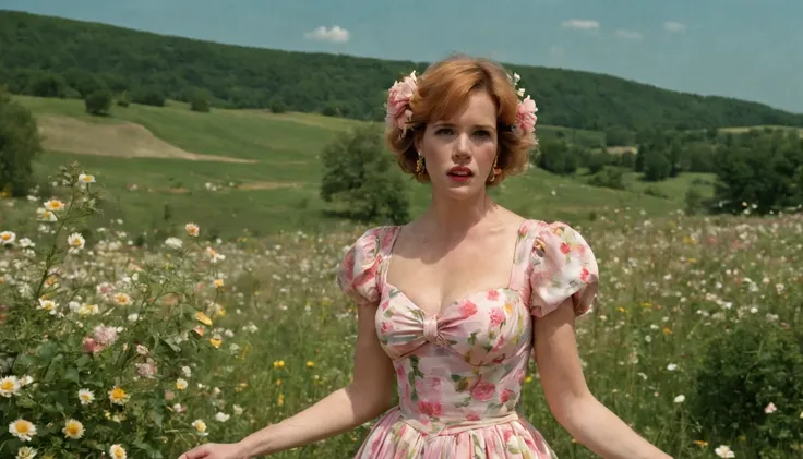 ****a beautiful blonde young woman "Molly Ringwald com vestido Esmeralda longo", is standing with flower explosion in the background, in the style of midsommar, fanciful, natural landscape , dreamlike imagery, captivating documentary photos, flowing fabric...