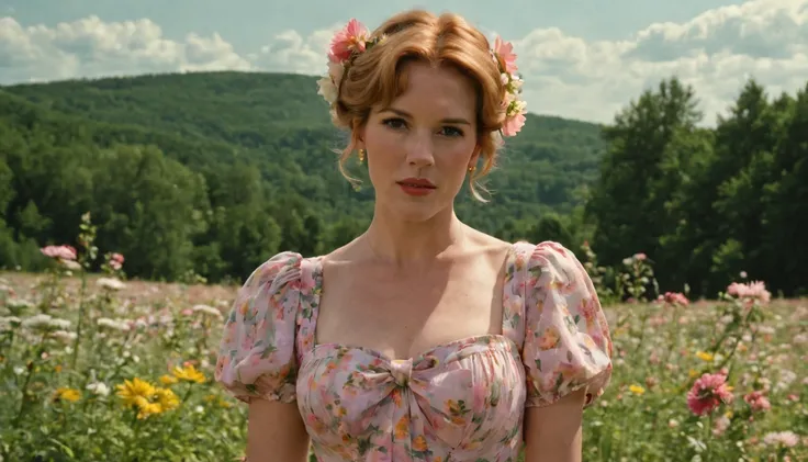 ****a beautiful blonde young woman "Molly Ringwald com vestido Esmeralda longo", is standing with flower explosion in the background, in the style of midsommar, fanciful, natural landscape , dreamlike imagery, captivating documentary photos, flowing fabric...