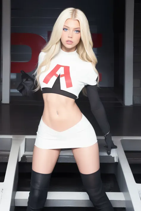 the face of lorengray, team rocket,team rocket uniform, red letter r, white skirt,white crop top,black thigh-highs,black elbow g...