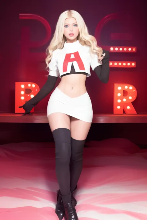 the face of lorengray, team rocket,team rocket uniform, red letter R, white skirt,white crop top,black thigh-highs,black elbow gloves,