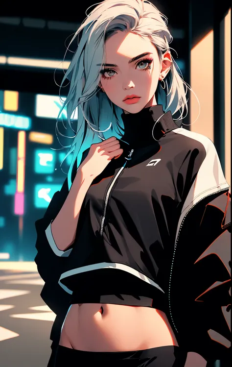 sports bra,  sports jacket, sport pants, no panties, ( cyberpunk environment:1.2),makeup,, (1 girl:1.4),best quality, masterpiece, (realistic:1.2), young woman, a lady, detailed face, detailed eyes, detailed hair, detailed skin,look at viewer, dramatic, vi...