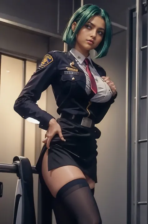 masterpiece, ultra detailed, raw, !(Maya Jingu is a beautiful police girl who has green hair, straight and short to her neck, tied up with a yellow ribbon. His eyes are light violet. Her skin is light and her face is oval. Her body is slender and voluptuou...