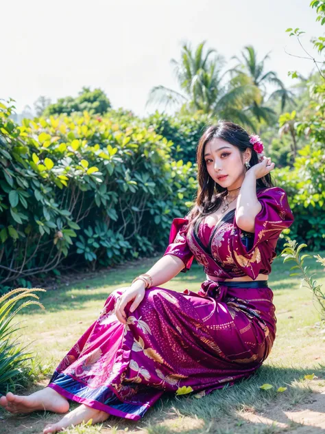 best quality, masterpiece, highres, 1girl, transparent silk lace javanese kebaya, silk robe, medium hair, smile, closed mouth,lips, long dress, necklace, jewelry, javanese clothes, make-up, earrings, detailed beautiful round eyes,Indonesia women, Beautiful...