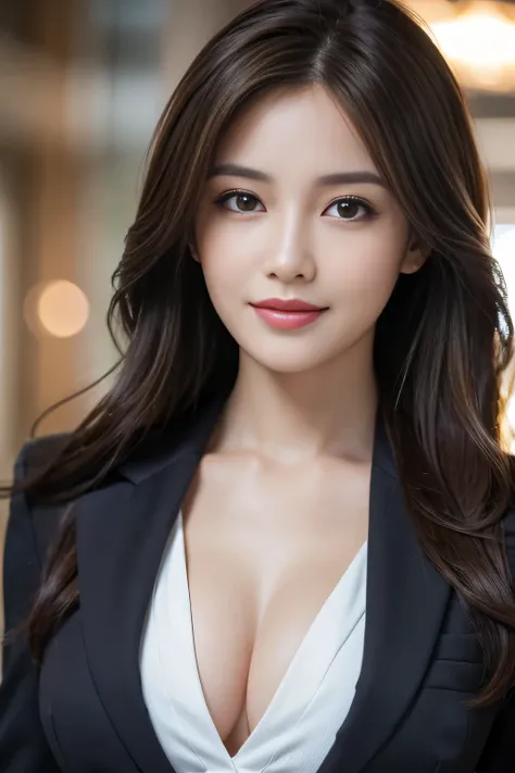 table top, highest quality, realistic, Super detailed, finely, High resolution, 8k wallpaper, 1 beautiful woman,, light brown messy hair, wearing a business suit, sharp focus, perfect dynamic composition, beautiful and detailed eyes, thin hair, Detailed re...