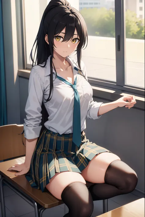 sakuyashirase, sakuya shirase, black hair, hair between eyes, long hair, ponytail, (yellow eyes:1.5),
BREAK collarbone, green necktie, green skirt, necktie, open collar, plaid, plaid skirt, pleated skirt, school uniform, shirt, skirt, white shirt,
BREAK lo...