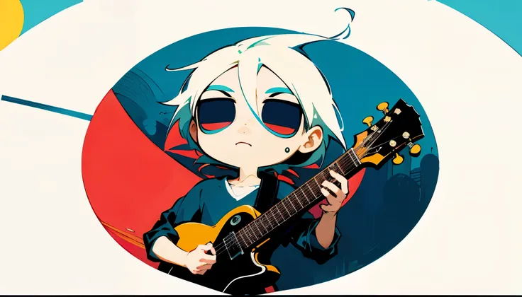 cartoon illustration of a man with a guitar in front of a circle, Amy Sol no estilo de, estilo anime 2d, No estilo de Sachin Teng, 2d illustration, 2d illustration,the boy plays the guitar, 🪔 🎨;🌞🌄, inspirado em David Gilmour Blythe, Fanart do jogo 2D, esti...