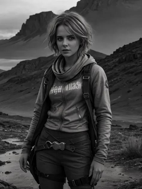 photorealistic, Masterpiece photo in shades of gray, woman with disheveled hair and tiny post-apocalyptic clothes, cute sexy, (Detailed wasteland background), ultra sharp focus, Detailed face, (((posing))), random hair color, short hair, Beautiful eyes, wh...