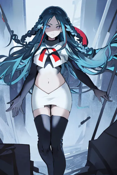 best quality, masterpiece, lamiapgr, blue_lipstick, blue_eyeliner, symbol-shaped_eyes, multicolored_hair, head fins, floating hair,team rocket,team rocket uniform, red letter R, white skirt,white crop top,black thigh-highs,black elbow gloves,