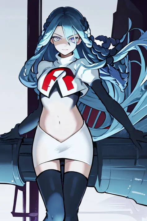 best quality, masterpiece, lamiapgr, blue_lipstick, blue_eyeliner, symbol-shaped_eyes, multicolored_hair, head fins, floating hair,team rocket,team rocket uniform, red letter R, white skirt,white crop top,black thigh-highs,black elbow gloves,