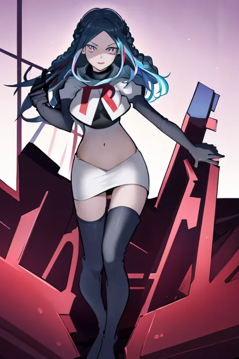 best quality, masterpiece,  lamiapgr, blue_lipstick, blue_eyeliner, symbol-shaped_eyes, multicolored_hair, head fins, floating hair,team rocket,team rocket uniform, red letter R, white skirt,white crop top,black thigh-highs,black elbow gloves,