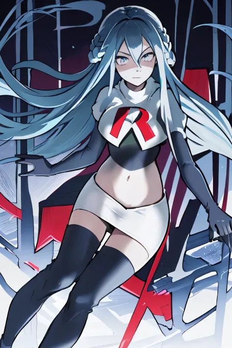 best quality, masterpiece, lamiapgr, blue_lipstick, blue_eyeliner, symbol-shaped_eyes, multicolored_hair, head fins, floating hair,team rocket,team rocket uniform, red letter R, white skirt,white crop top,black thigh-highs,black elbow gloves,