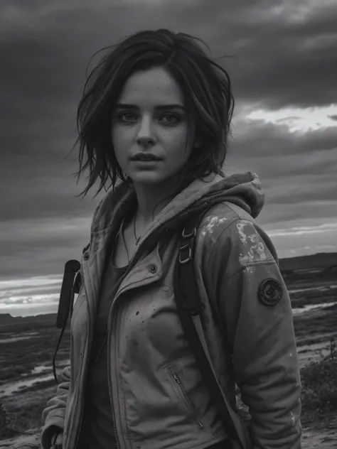 photorealistic, Masterpiece photo in shades of gray, woman with disheveled hair and tiny post-apocalyptic clothes, cute sexy, (Detailed wasteland background), ultra sharp focus, Detailed face, (((posing))), random hair color, short hair, Beautiful eyes, wh...