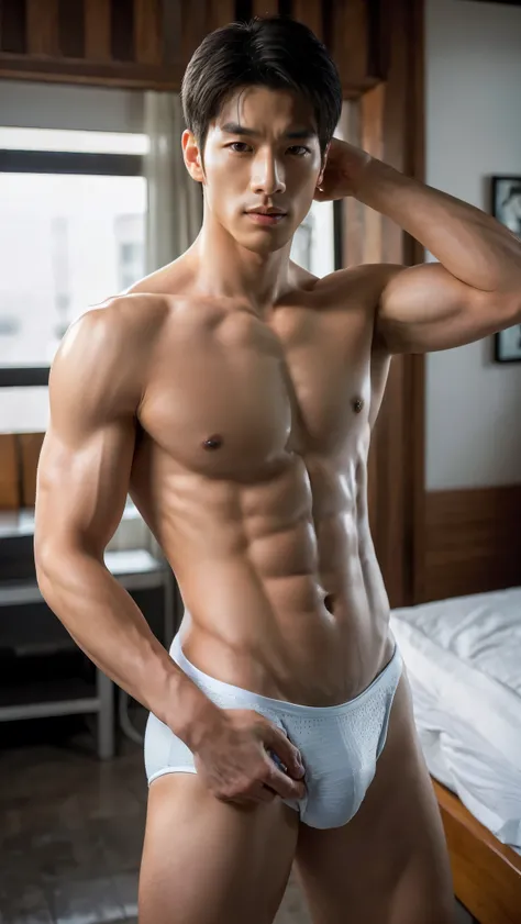 In the captivating image lies a Korean handsome guy, radiating charisma as he proudly showcases his muscular to to build in a full-bodied stand-up pose. Wearing a sexy white bikini that accentuates his physique, he stands amidst the bedroom environment, Wi...