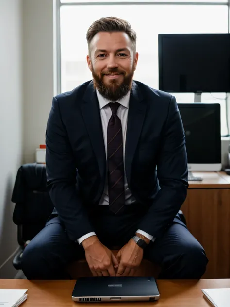 (foto crua:1.2), a man wearing a suit sitting in an office with a laptop, barba, feliz, melhor qualidade, 8k, Ultra-HD, fotorrealismo