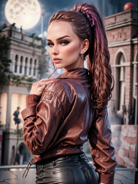 super realistic, 4k, shoes shot view, a woman korean face with ponytail style hair and magenta leather jacket, magenta leather p...