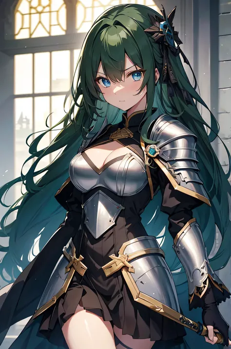 4K,High resolution,one woman,dark green hair,long hair,blue eyes,knight,黒色のknightの鎧,heavy armor,knightのヘッドバイザー,gold decoration,big sword,Inside the castle