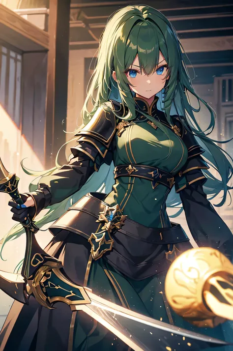 4K,High resolution,one woman,dark green hair,long hair,blue eyes,knight,黒色のknightの鎧,heavy armor,knightのヘッドバイザー,gold decoration,big sword,Inside the castle