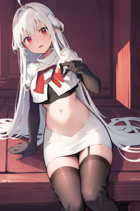 NinymGP, ahoge,best quality, masterpiece, highres, team rocket,team rocket uniform, red letter R, white skirt,white crop top,black thigh-highs,black elbow gloves,