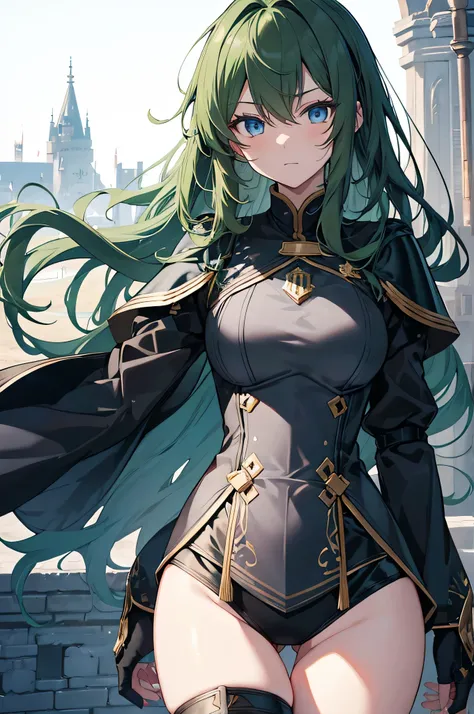 4K,High resolution,one woman,dark green hair,long hair,blue eyes,knight,黒色のknightの鎧,heavy armor,knightのヘッドバイザー,gold decoration,big sword,Inside the castle