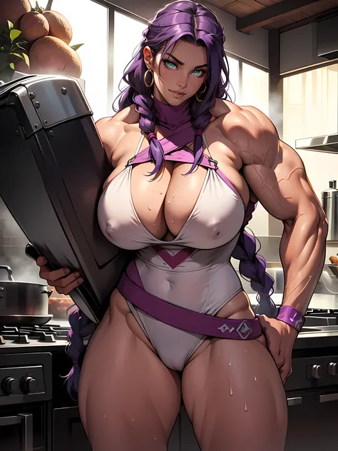 mother, milf, mature female, housewife, kitchen, busty, huge boobs, huge breasts, sweating, purple hair, long braids , high detail, close up, symmetrical, high quality, absurdres, high res, ultrasharp, 8K, masterpiece, extreme attention to detail, perfect ...