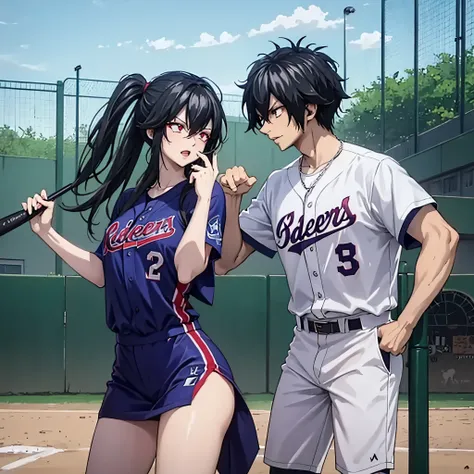 a man and a woman (eye red) playing baseball together
