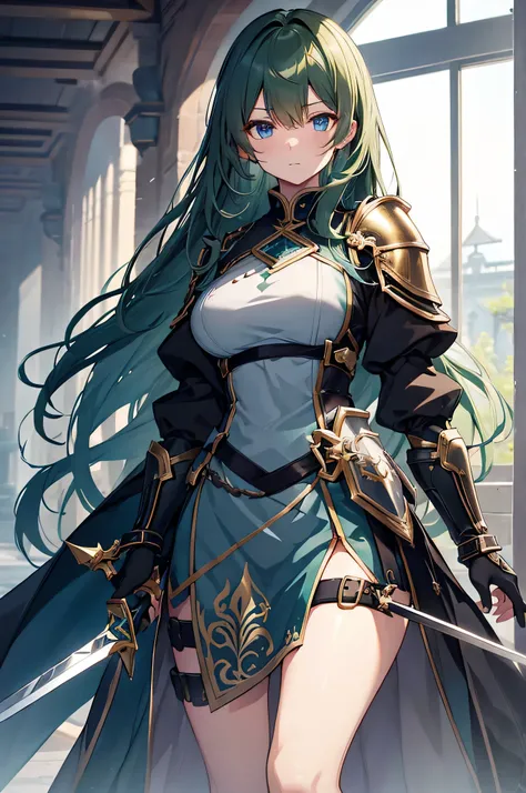 4K,High resolution,one woman,dark green hair,long hair,blue eyes,knight,黒色のknightの鎧,heavy armor,knightのヘッドバイザー,gold decoration,big sword,Inside the castle