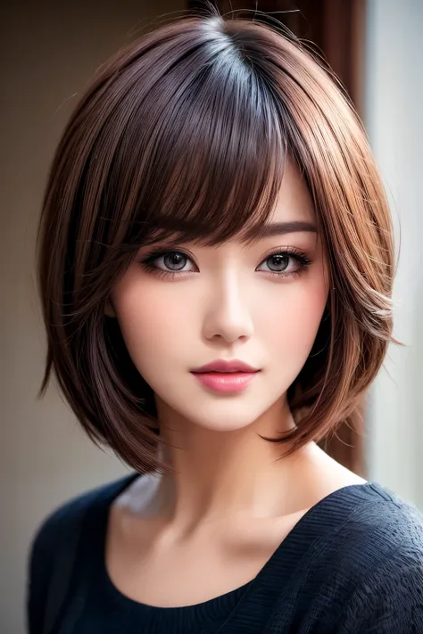 best quality, 32k, raw photo, incredibly absurdres, extremely detailed, neat and cute beauty, flowing layered short bob cut, wea...