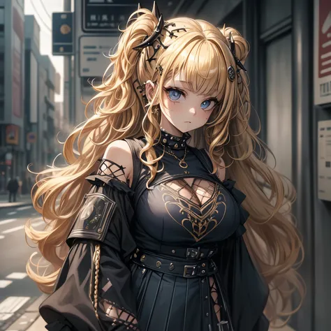 ((best quality)), ((masterpiece)), (detailed), une fille, visage parfait, cheveux longs, ((golden hair)), curly hair, decorated cheveux, yeux bleus ultramarin, ((huge-breast)), ((casual wear punks, casual wear)), casual wear déchirés