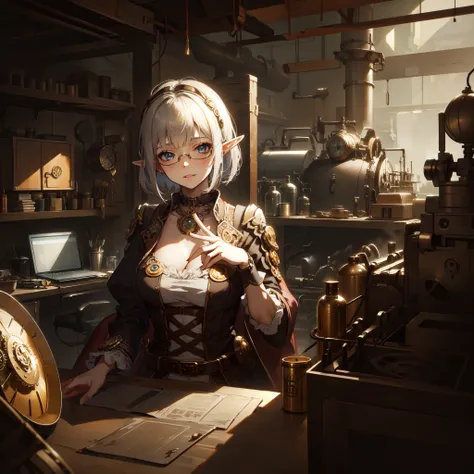 ((masterpiece )), (top quality), (best quality), ((ultra-detailed, 8k quality)), Aesthetics, Cinematic lighting, (detailed line art), Beautiful digital artwork, Exquisite digital illustration, absurdres, 
BREAK,
beautiful elf girl using tools next to a des...