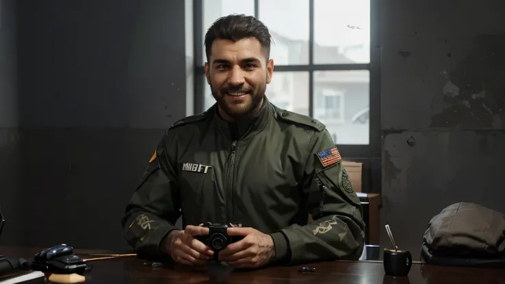 3d illustration image of a man from the front, standing, com roupa militar tatica, na cor preta, call of duty ghost, homem levemente acima do peso, sem barba, smiling with mouse and keyboard in his hands.