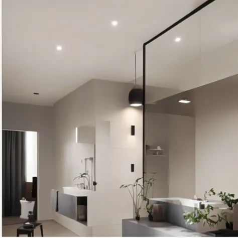 There is a big mirror in the bathroom，Can reflect light, 自上而下的spotlight照明, sunken frustrated indented spots, dim accent lighting, frustrated, spotlight, white accent lighting, backlight, indoor lighting, spotlight, neutral flat lighting, Oblique light comi...