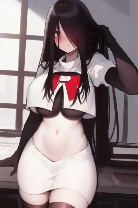 masterpiece, detailed, high quality, absurdres, sadako, (hair over eyes), pale skin, blush, large breasts, curvy, navel, stomach, groin, team rocket,team rocket uniform, red letter R, white skirt,white crop top,black thigh-highs, black elbow gloves,