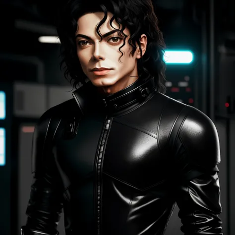 closer-up Michael Jackson in detailed futuristic clothing, with traces of cybernetic circuits visible, oily and shiny skin on his face highlighting tension, standing in a high-tech mechanics laboratory, intense photographic style of a thriller.