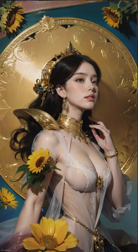 (masterpiece, top quality, best quality, official art, beautiful and aesthetic:1.2), (1girl), extreme detailed,(fractal art:1.3),colorful,highest detailed chiaroscuro technique on painting of a woman holding a bouquet of sunflowers in front of a golden bac...