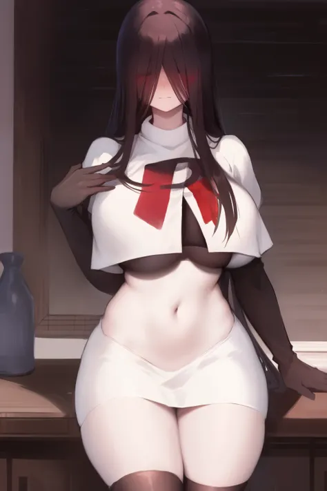 masterpiece, detailed, high quality, absurdres, sadako, (hair over eyes), pale skin, blush, large breasts, curvy, navel, stomach, groin, team rocket,team rocket uniform, red letter R, white skirt,white crop top,black thigh-highs, black elbow gloves,