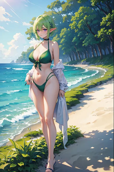 1woman, elf, light green hair, short hair, purple eyes, swimsuit, beach, standing on ground, high res, ultra sharp, 8K, masterpiece