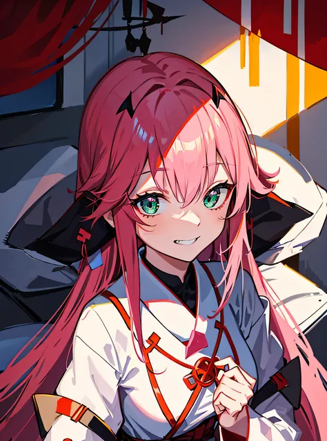 zero two (darling in franxx), darling in franxx, 1 female, smile, sitting, bangs, Wedgie pussy, Shadow, green eyes, hair behind head, long hair, compensate, small breasts, Priestess clothing, big thighs, pink hair, red eyeShadow, detailed background,