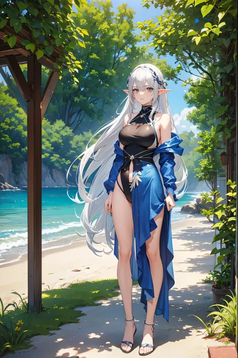 1woman, silver hair, long hair, elf, blue eyes, swimsuit, beach, standing on ground, high res, ultra sharp, 8K, masterpiece