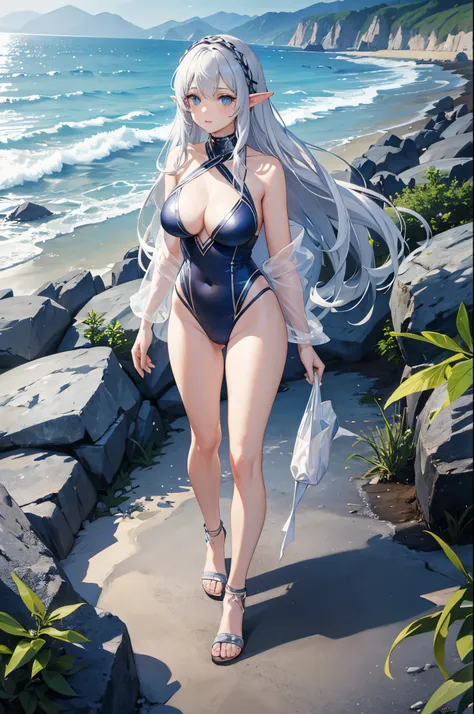 1woman, silver hair, long hair, elf, blue eyes, swimsuit, beach, standing on ground, high res, ultra sharp, 8K, masterpiece