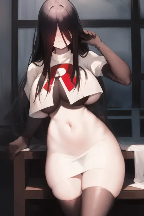 masterpiece, detailed, high quality, absurdres, sadako, (hair over eyes), pale skin, blush, large breasts, curvy, navel, stomach, groin, team rocket,team rocket uniform, red letter R, white skirt,white crop top,black thigh-highs, black elbow gloves,