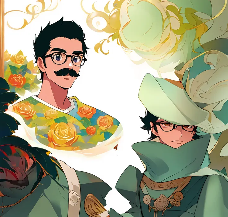 there is a man with a mustache and glasses in a photo, arte Estilo Kentaro Miura, inspirado em Gaston Anglade, Arte Kentaro Miura, Kentaro Miura manga art style, inspirado em Kentaro Miura, JC Leendecker e Sachin Teng, Ghibli non-anime style, Estilo Kentar...