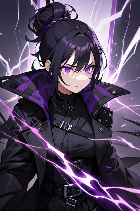 black hair messy bun, purple eyes, black trench coat, assassin, female, purple lightning