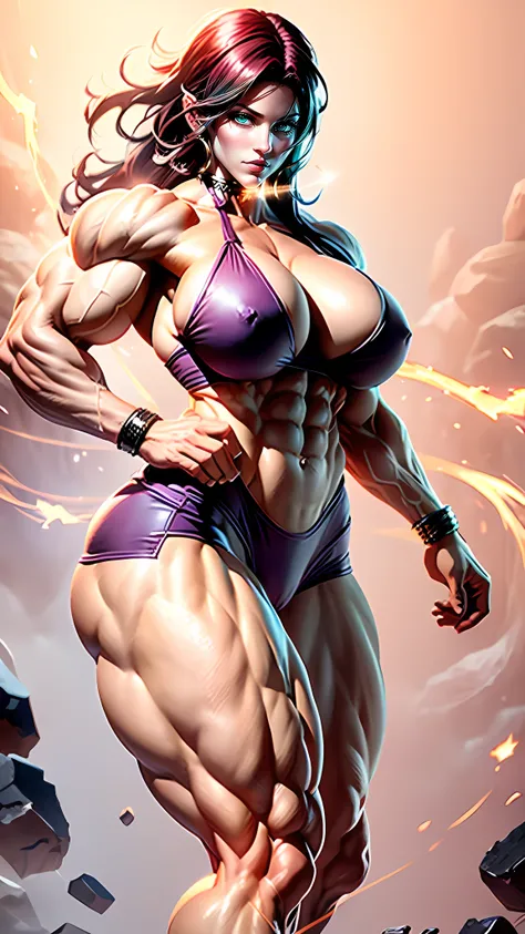 Shermie from King Of Fighters, epic fantasy digital art，tmasterpiece，8k，high-definition resolution，desenho detalhado，Qulidade Superior, Epic composition, (((accurate anatomy))), ((wide hips)), (((Huge breasts))), ((long legs)), ((Female Bodybuilder)), ((((...